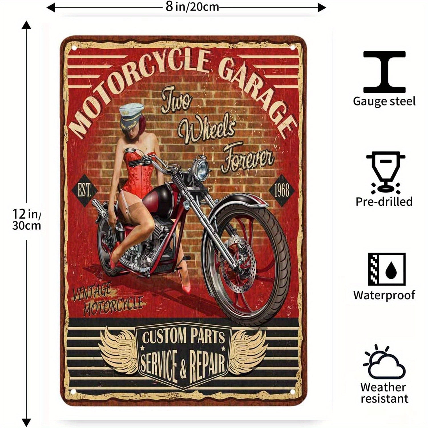 Vintage Metal Sign Pin Up Girl Motorcycle Tin Sign Motor Garage Red