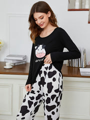 Cow Print Pajama Set Long Sleeve Crew Neck Top & Pants Women's Sleepwear