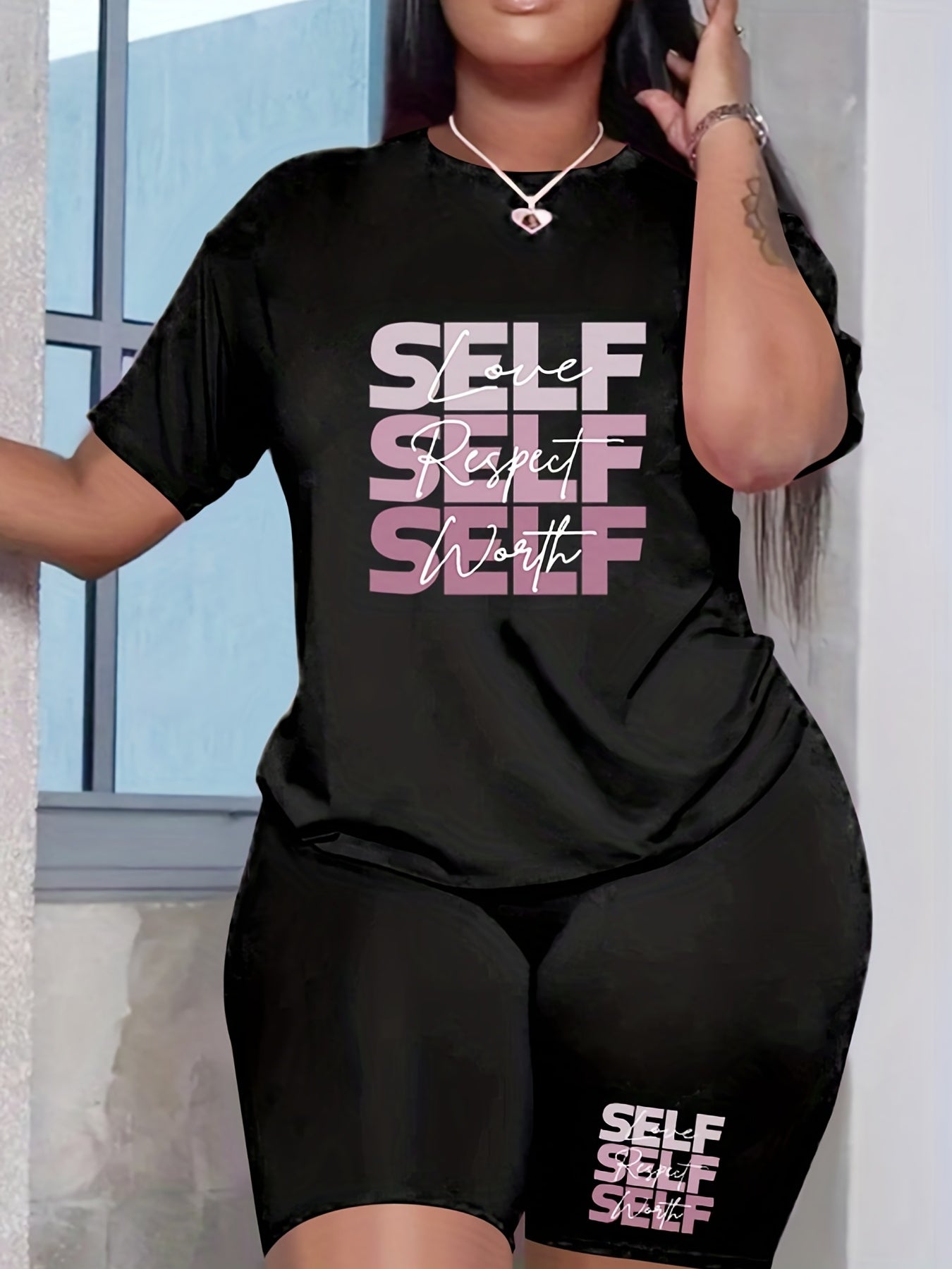 2 Piece Set Women's Plus Letter Print Tee & Shorts Outfits