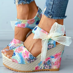 Floral Print Wedge Sandals Peep Toe Platform Shoes Hook & Loop Strap