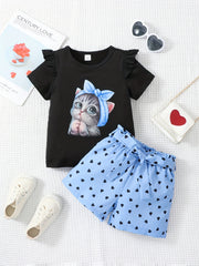 Girls Cat Graphic T-shirt & Heart Graphic Shorts Set for Summer Holiday Party