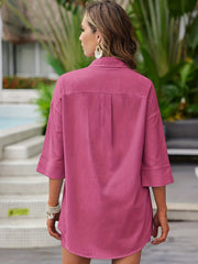 Casual Solid Two piece Shorts Set Button Front Shirt & Elastic Shorts