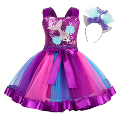 Girls Mermaid Princess Costume Tutu Dress Halloween Halter Neck Dress with Headb