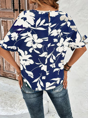 Floral Print Knotted Blouse Split Short Sleeve Crew Neck