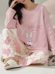 Bunny Print Pajama Set Long Sleeve Crew Neck Top & Pants