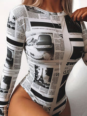 Sexy Newspaper Print Bodysuit Round Neck Long Sleeve
