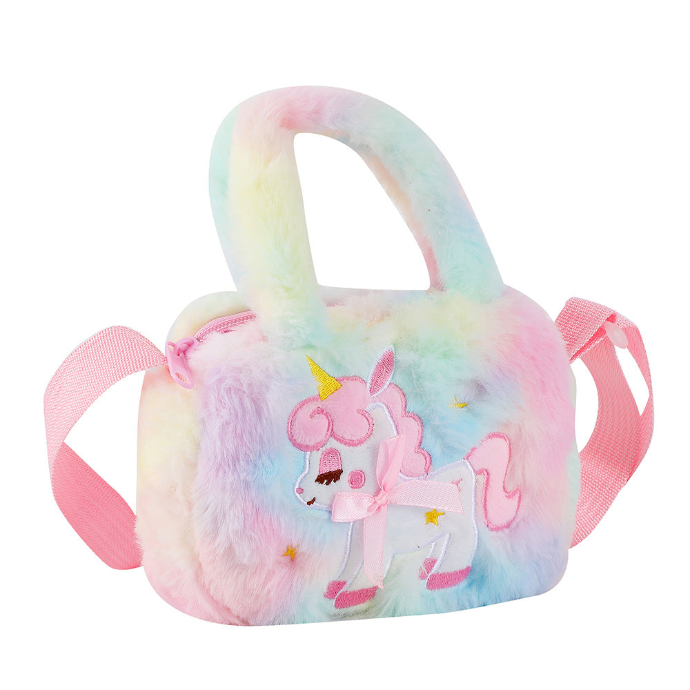 Girls Unicorn Embroidery Plush Handbag Shoulder Bag Messenger Bag
