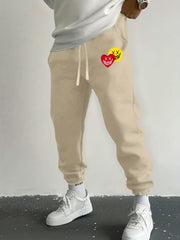 Love Heart & Smile Face Print Drawstring Sweatpants Loose Fit Pants Men's Casual