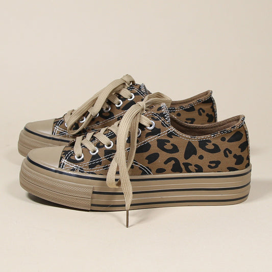 Leopard Print Canvas Platform Shoes Lace Up Low Top Women's Shoes