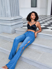 High Waist Flare Jeans High Rise Slash Pockets Bell Bottom