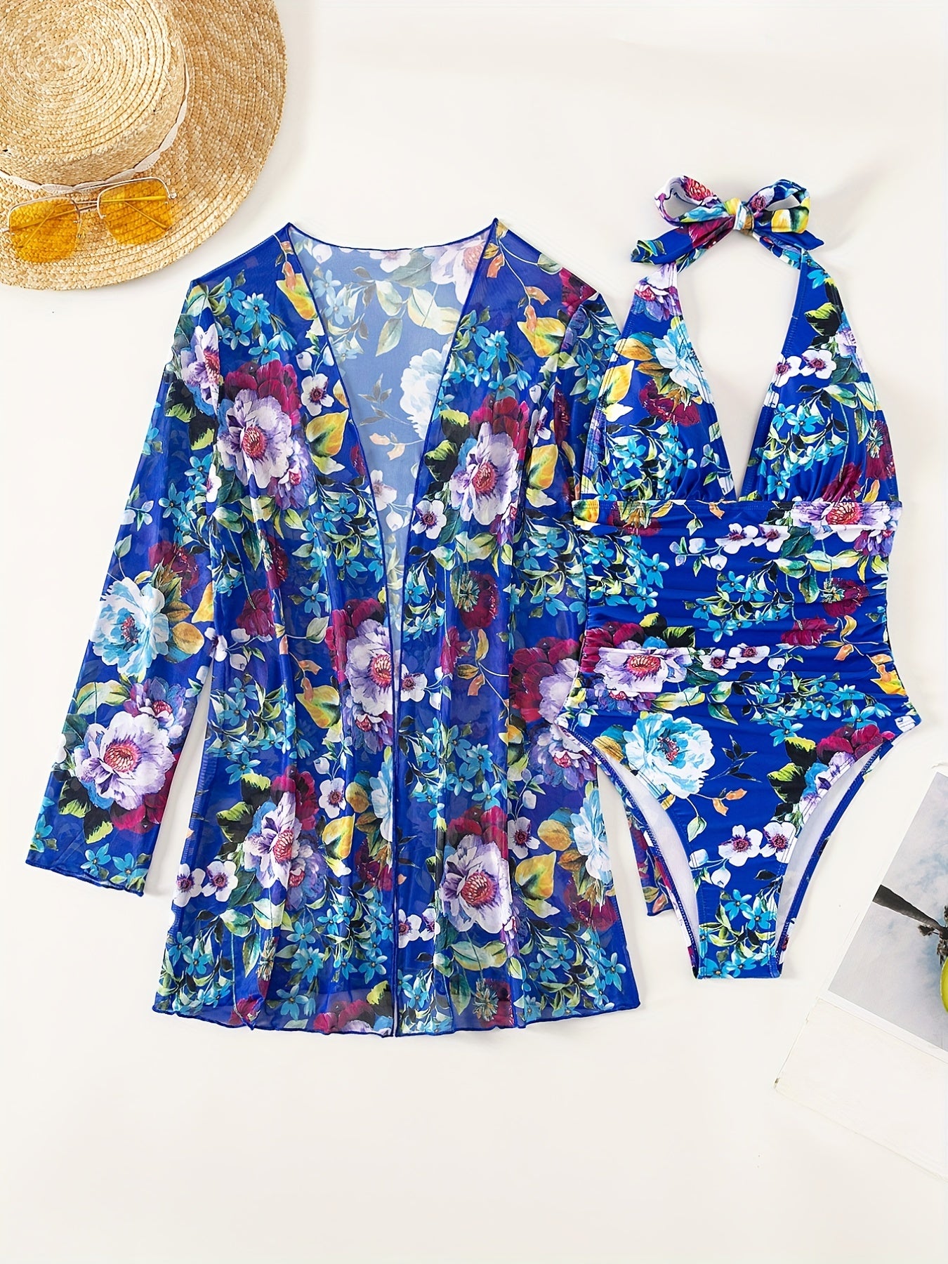 Floral Print Halter One piece Swimsuit & Cover Up Set
