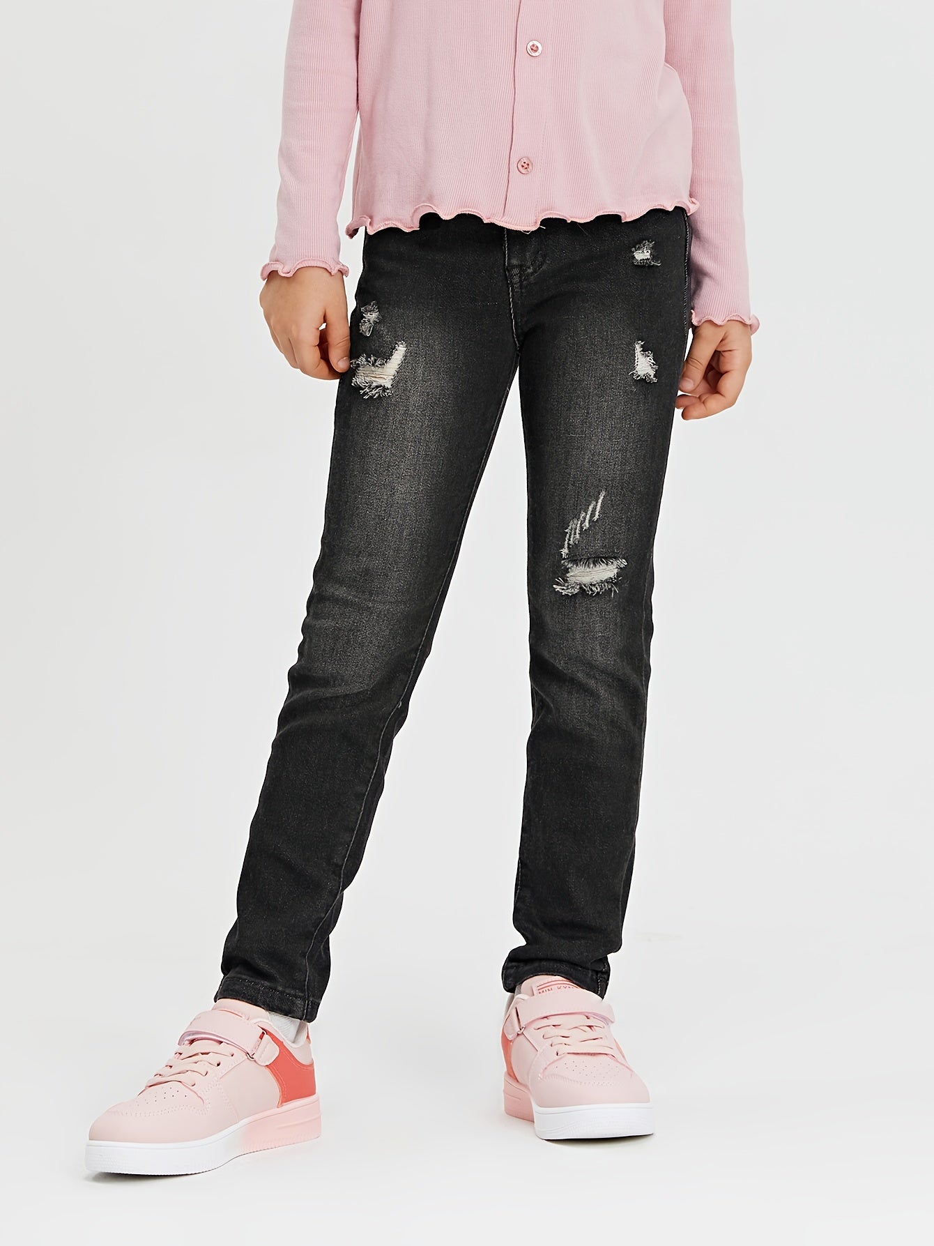 Girls Ripped Skinny Denim Trousers Zipper Fly Casual Jeans