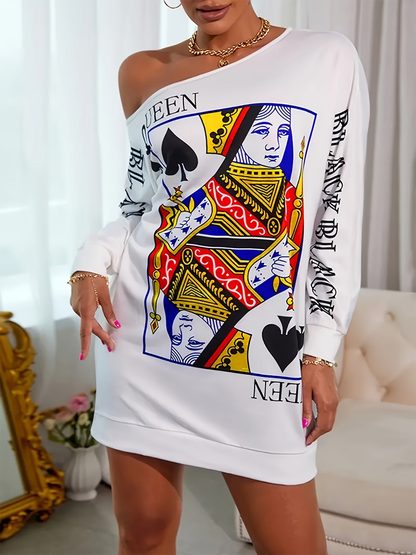 Sexy Dress Women's Q Of Spades Print One Shoulder Mini Dress