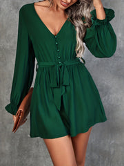 Solid V Neck Belted Romper Jumpsuit