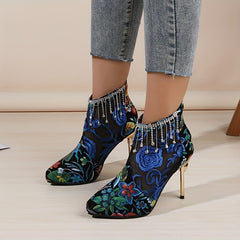 Floral Rhinestone Pendant High Heel Platform Stiletto Heels