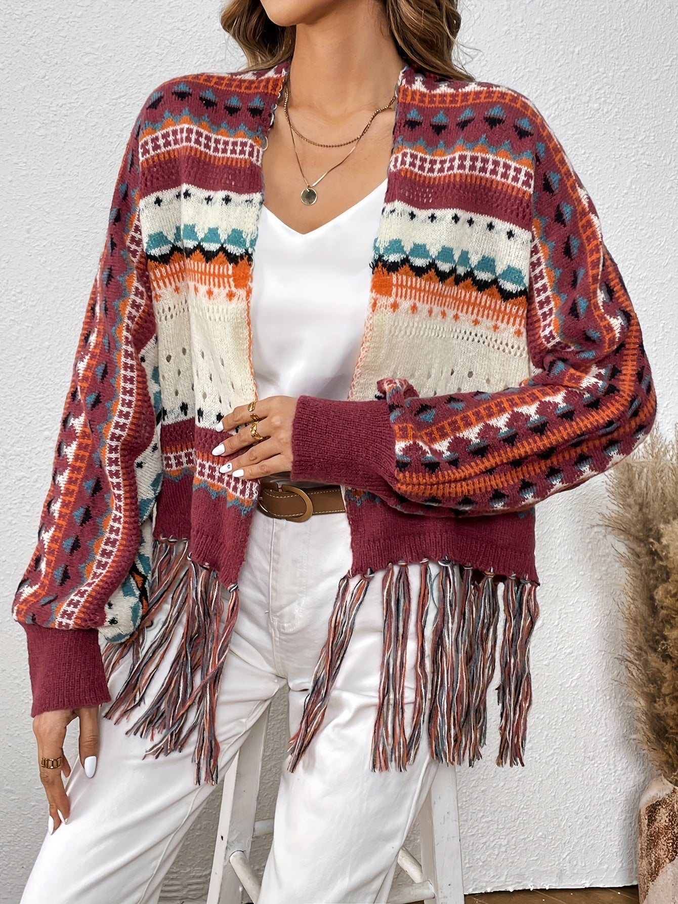 Ethnic Pattern Tassel Cardigan Vintage Open Front Cardigan
