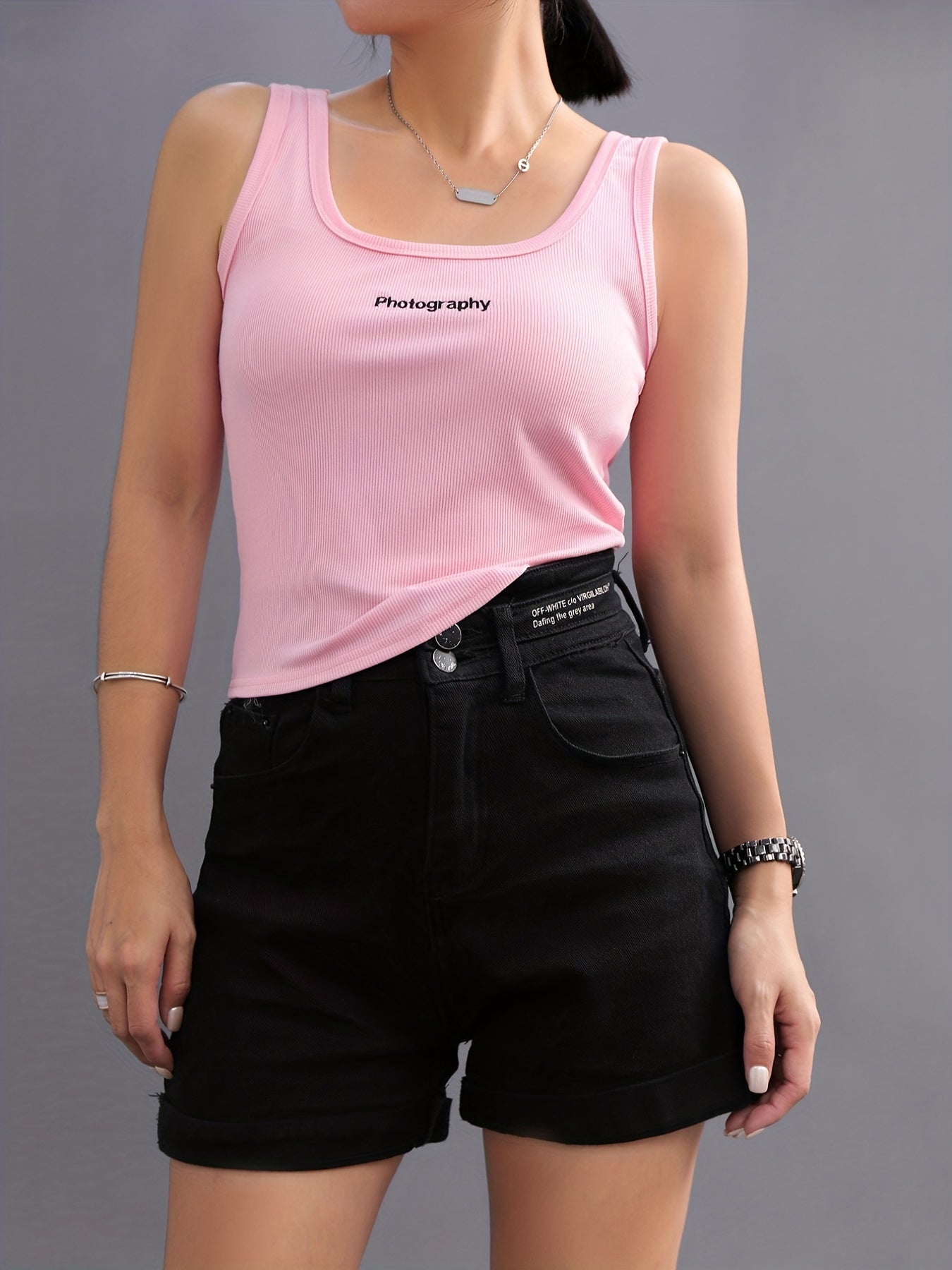 Letter Photography Print Ribbed Tank Top Women's Sleeveless Summer Casual Top