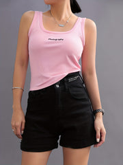 Letter Photography Print Ribbed Tank Top Women's Sleeveless Summer Casual Top