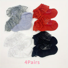 4Pairs Baby Girls Lace Ruffle Ankle Socks for Summer
