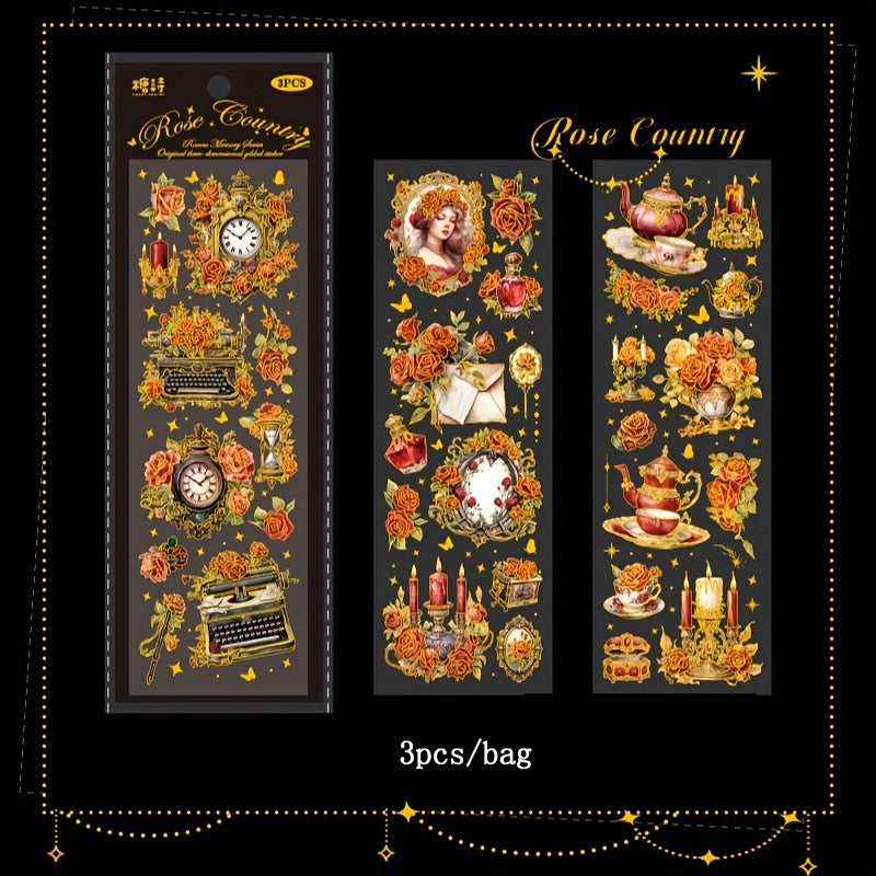 3pcs Retro Flowers Diy Scrapbook Stickers Waterproof Cup Stickers