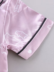 2pcs Bear Pattern Kid's Satin Pajamas Set Short Sleeve Button Front Top & Pants