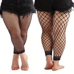 2 Pairs Casual Pantyhose Set Women's Plus Solid Footless Fishnet Stockings