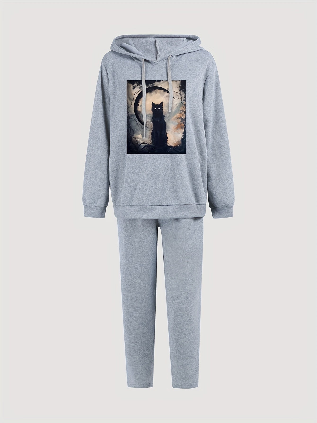 Cat & Moon Print Hooded Sweatshirt & Sweatpants Set