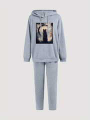 Cat & Moon Print Hooded Sweatshirt & Sweatpants Set