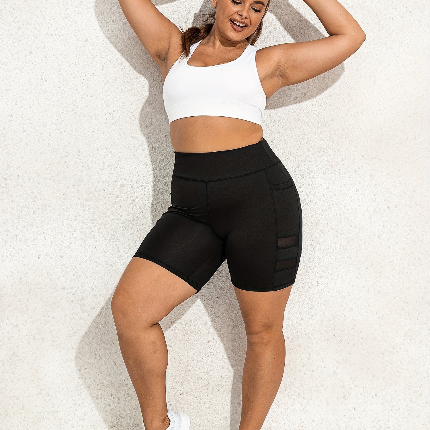 Sports Shorts Women's Plus Solid Contrast Mesh High Rise Skinny Shorts
