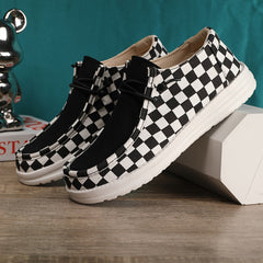 Checked Pattern Canvas Skateboard Shoes, Lace-Up, Lightweight