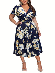Floral Print Short Sleeve Midi Dress With Belt