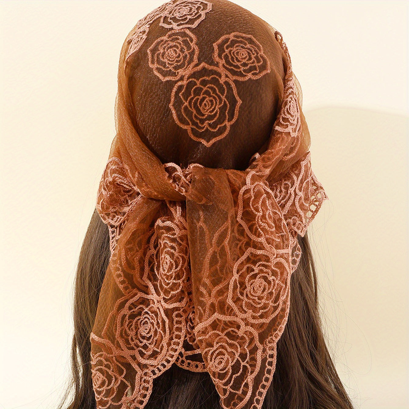Boho Rose Flower Bandana Sheer Mesh Neckerchief Embroidered Head Wrap