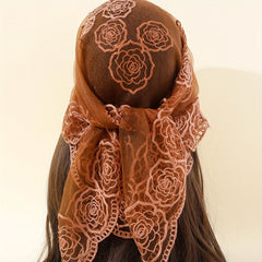 Boho Rose Flower Bandana Sheer Mesh Neckerchief Embroidered Head Wrap