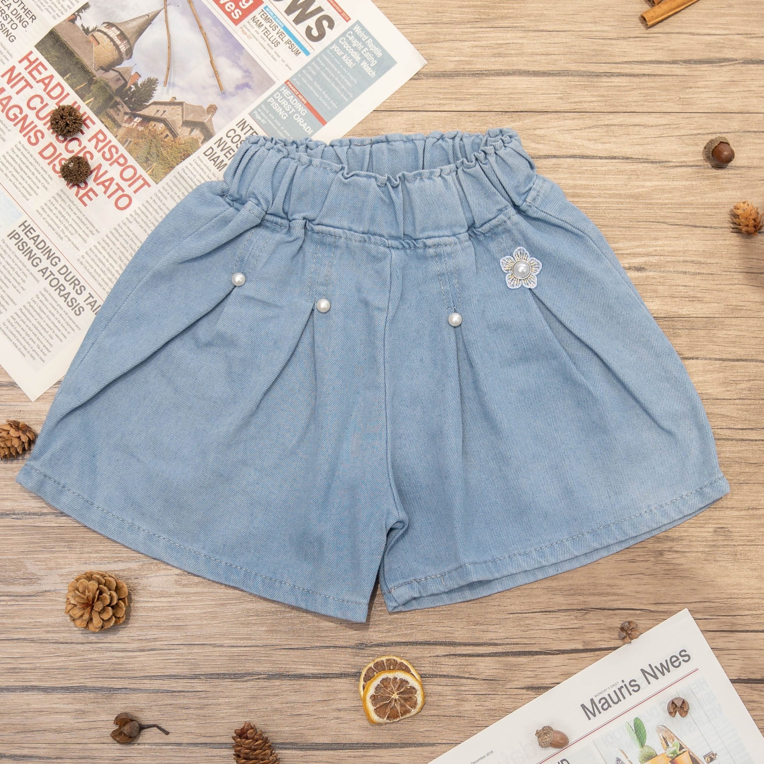 Girls' Beaded Denim Shorts Elastic Waist
