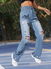 Butterfly Print Straight Jeans Ripped Wide Leg