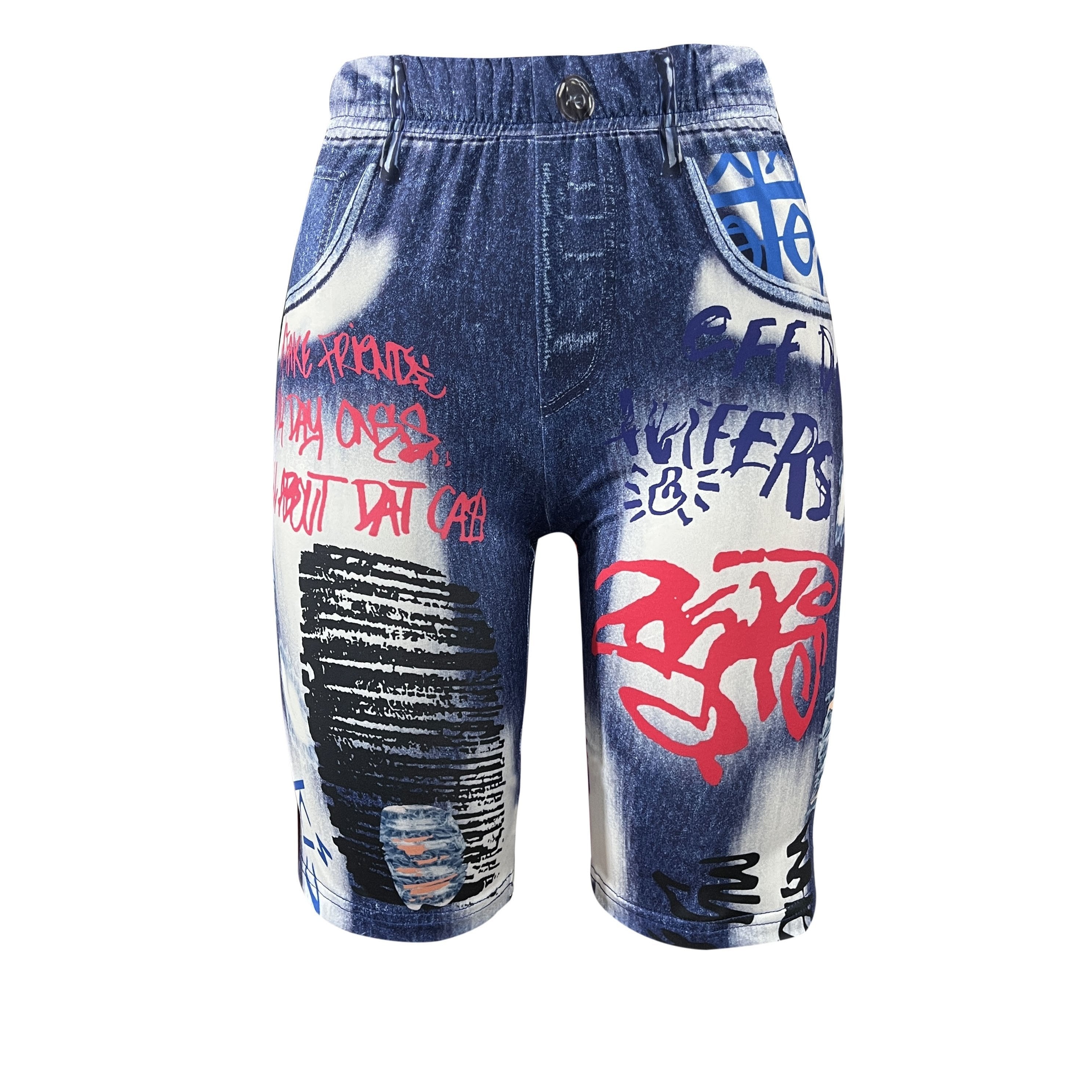Graffiti & Denim Print High Waist Summer Casual Shorts