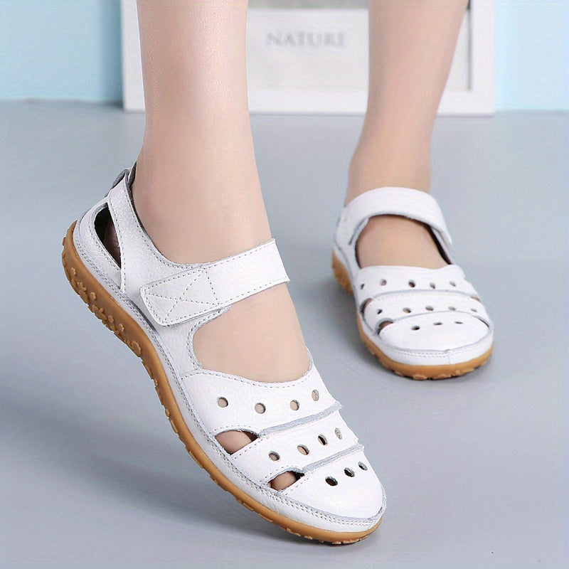 Hollow Out Faux Leather Sandals Hook & Loop Ankle Flat Sandals