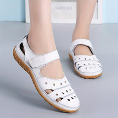 Hollow Out Faux Leather Sandals Hook & Loop Ankle Flat Sandals