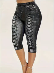 Denim Print Skinny Capris Leggings Casual Crop Leggings
