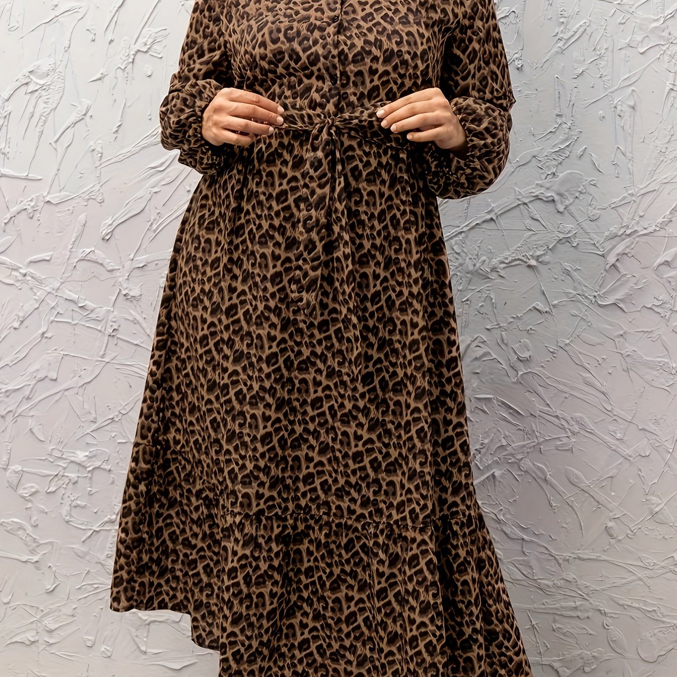 Leopard Print Long Sleeve Maxi Shirt Dress With Belt
