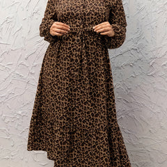 Leopard Print Long Sleeve Maxi Shirt Dress With Belt