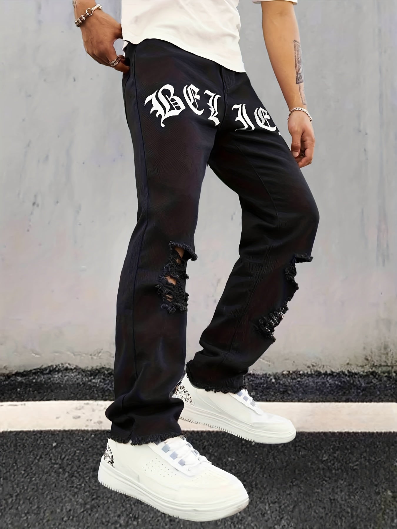 Creative Letter Print Ripped Jeans Men's Street Style Denim Pants