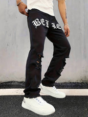 Creative Letter Print Ripped Jeans Men's Street Style Denim Pants