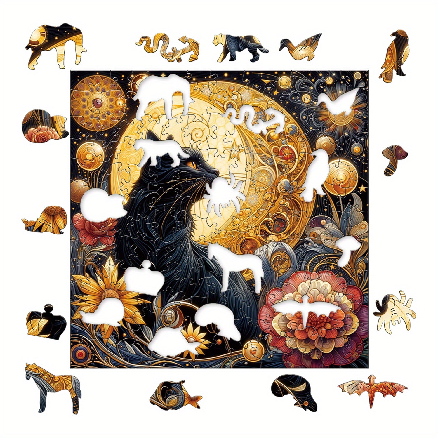 Celestial Fantasy Artwork Wooden Jigsaw Puzzle - Enchanting Cat & Moonlit Night