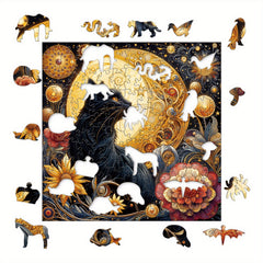 Celestial Fantasy Artwork Wooden Jigsaw Puzzle - Enchanting Cat & Moonlit Night