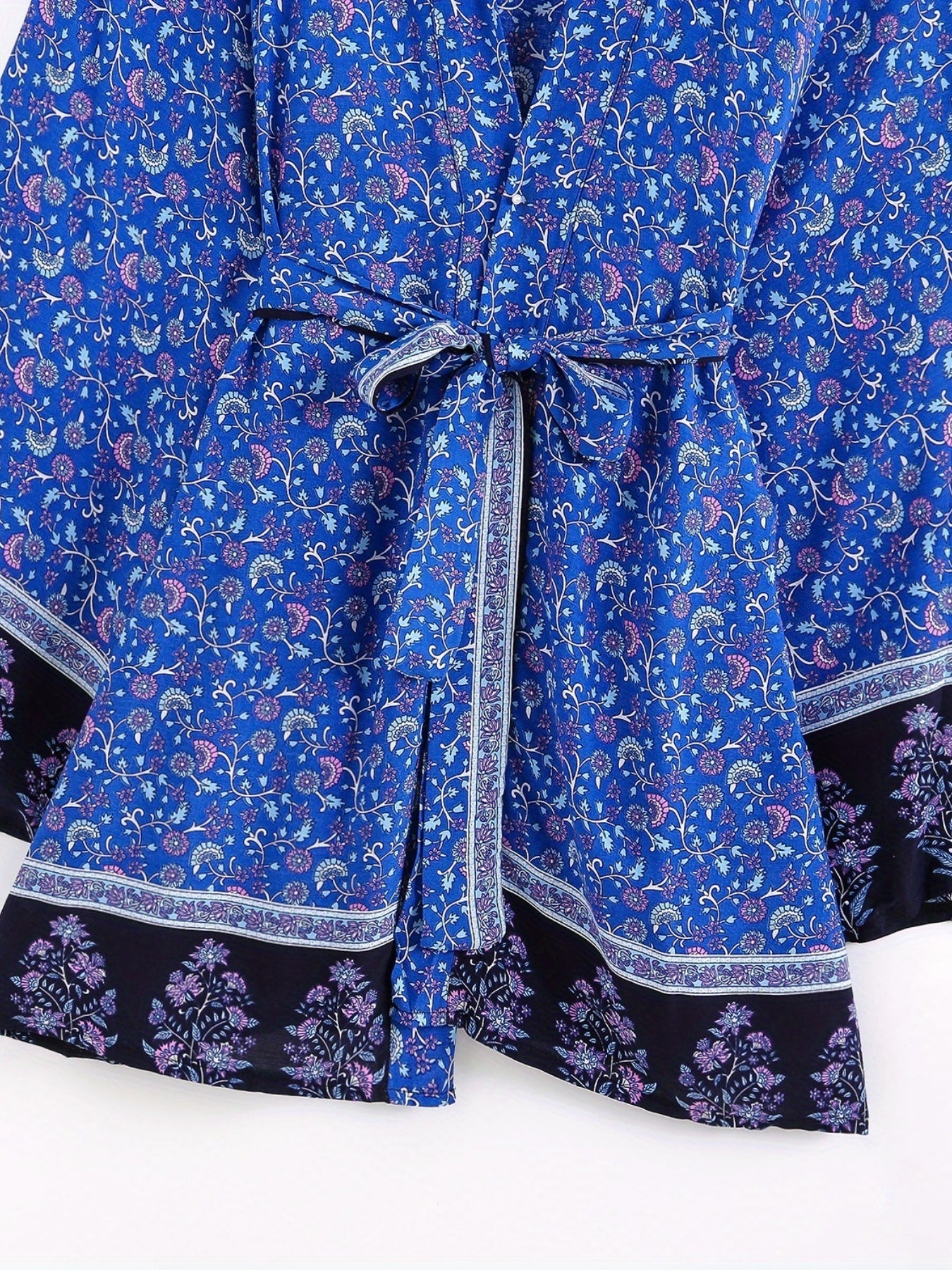 Floral Print Boho Style Cover Up Kaftan Long Sleeve Tie Belt Vacation