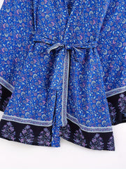 Floral Print Boho Style Cover Up Kaftan Long Sleeve Tie Belt Vacation