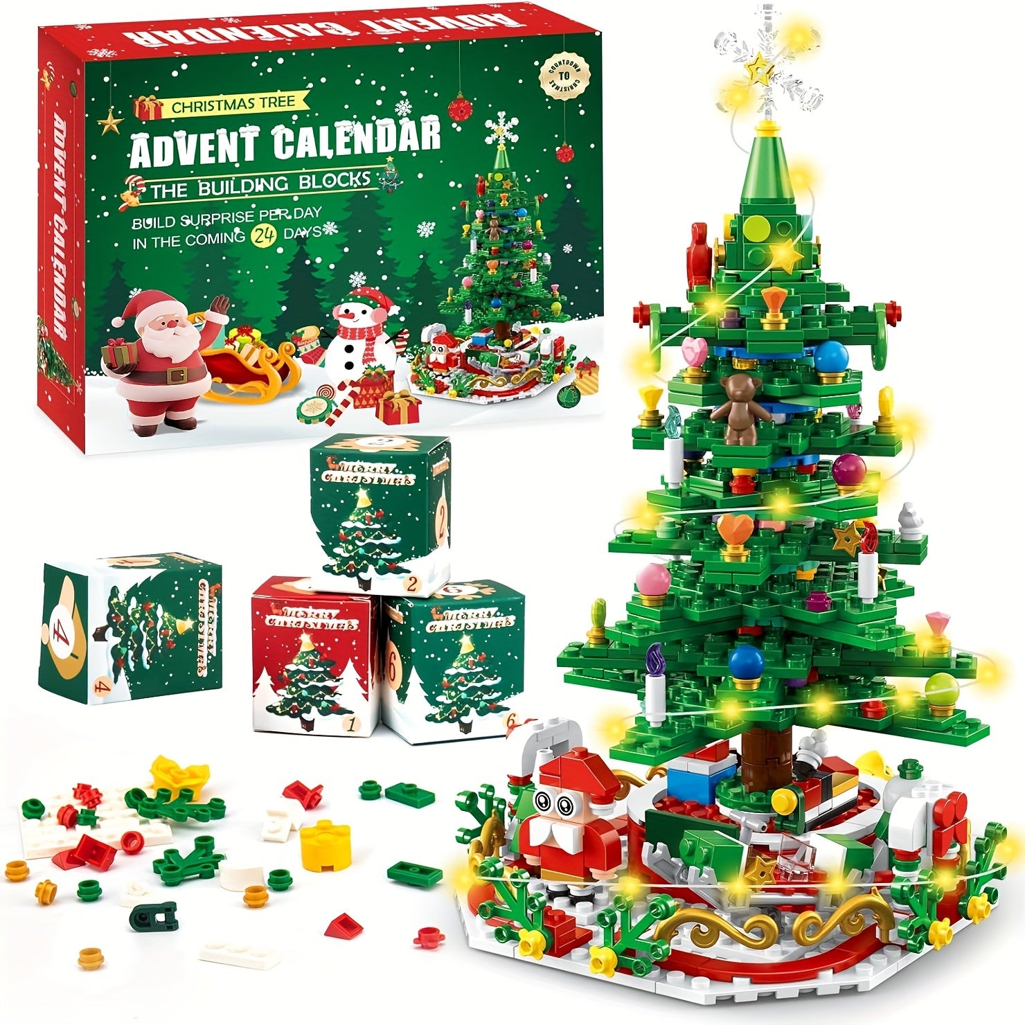 24 IN 1 Advent Calendar Christmas Tree Building Toys With Rotating Base