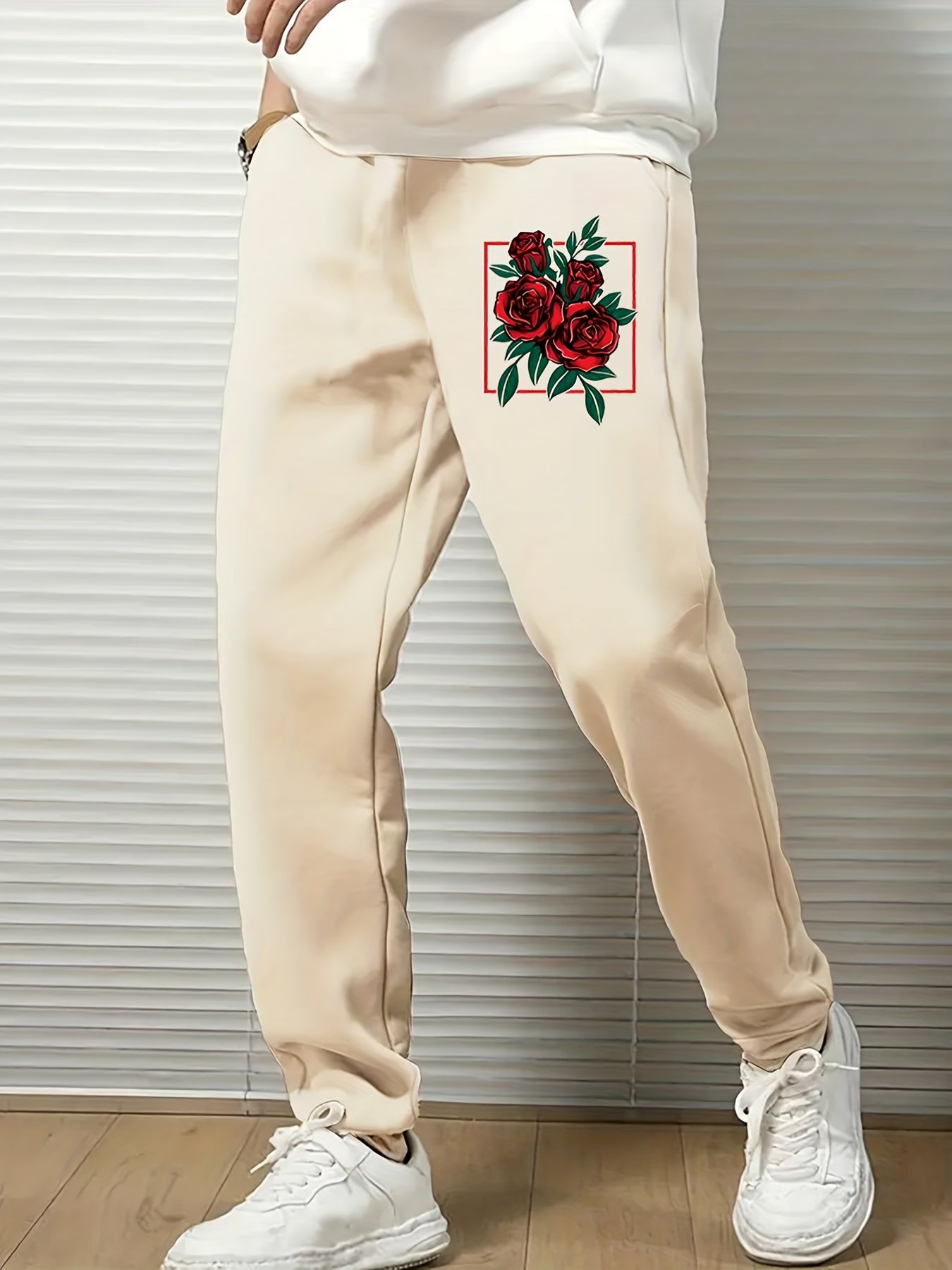 Roses Print Men s Sports Pants Men s Casual Drawstring Jogging Trousers