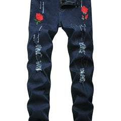 Rose Embroidery Ripped Jeans Mens Casual Street Style Denim Pants